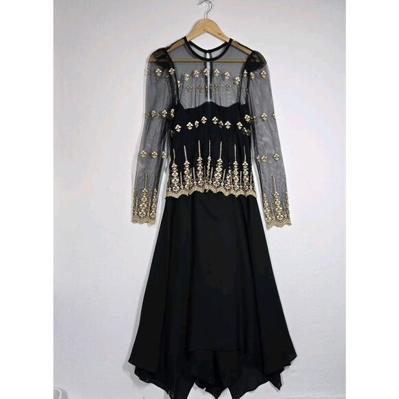 VTG Night Way Midi Dress Sz 6 Black Mesh Chiffon Handkerchief Hem Embroidered - Picture 15 of 15